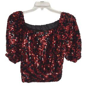 80s Disco Glam Red Black Sequin Cropped Top On or Off Shoulder Puff Sleeve Party
